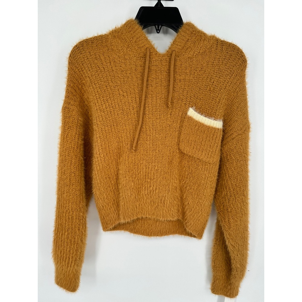 Lelis‎ Collection Brown Fuzzy Knit Hoodie Sweater Chest Pocket Womens Small
